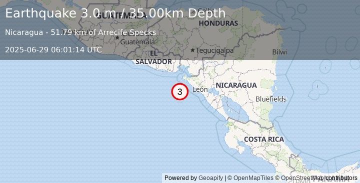 Earthquake NEAR COAST OF NICARAGUA (3.0 m) (2025-06-29 06:01:14 UTC)