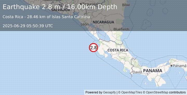 Earthquake OFF COAST OF COSTA RICA (2.8 m) (2025-06-29 05:50:39 UTC)
