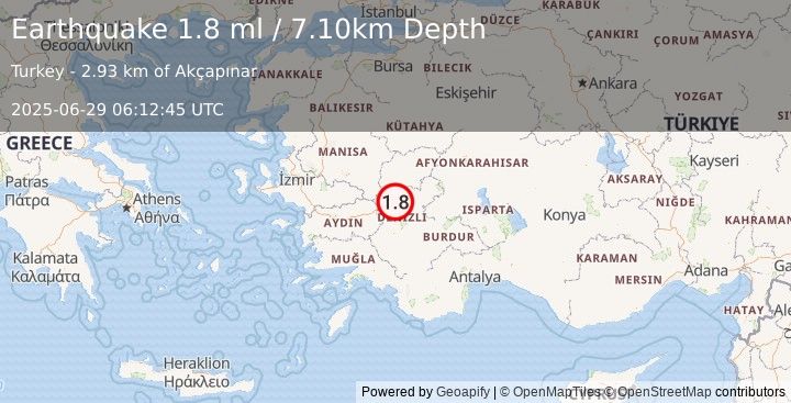 Earthquake WESTERN TURKEY (1.8 ml) (2025-06-29 06:12:45 UTC)