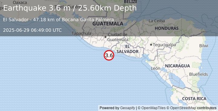 Earthquake OFFSHORE EL SALVADOR (3.6 m) (2025-06-29 06:49:00 UTC)