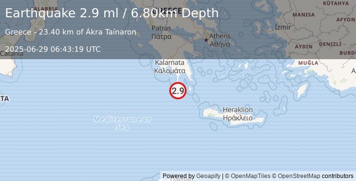 Earthquake SOUTHERN GREECE (2.9 ml) (2025-06-29 06:43:19 UTC)