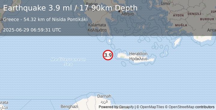 Earthquake CENTRAL MEDITERRANEAN SEA (3.9 ml) (2025-06-29 06:59:31 UTC)