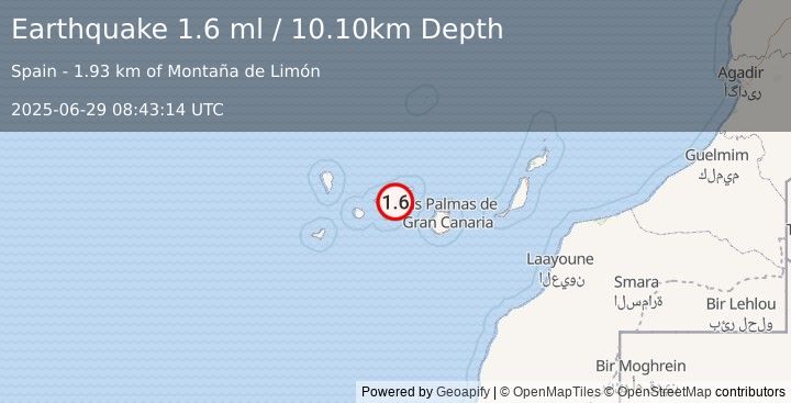 Earthquake CANARY ISLANDS, SPAIN REGION (1.6 ml) (2025-06-29 08:43:14 UTC)
