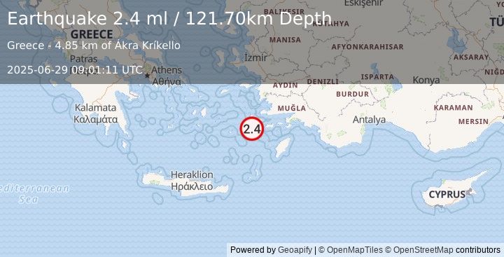 Earthquake DODECANESE IS.-TURKEY BORDER REG (2.4 ml) (2025-06-29 09:01:11 UTC)