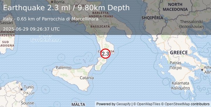Earthquake SOUTHERN ITALY (2.3 ml) (2025-06-29 09:26:37 UTC)
