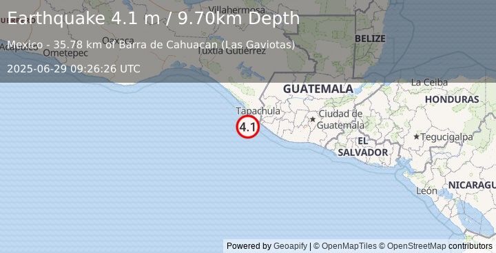 Earthquake OFFSHORE CHIAPAS, MEXICO (4.1 m) (2025-06-29 09:26:26 UTC)
