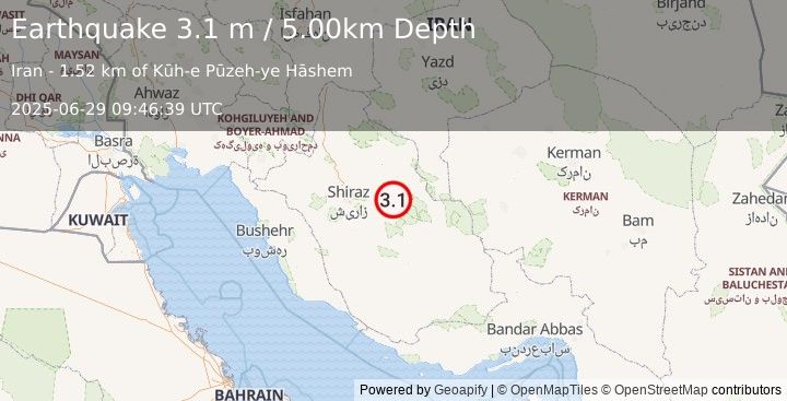 Earthquake SOUTHERN IRAN (3.1 m) (2025-06-29 09:46:39 UTC)