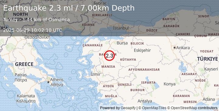 Earthquake WESTERN TURKEY (2.3 ml) (2025-06-29 10:02:10 UTC)