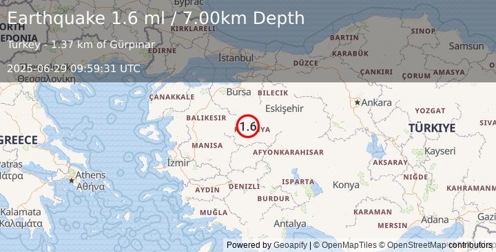 Earthquake WESTERN TURKEY (1.6 ml) (2025-06-29 09:59:31 UTC)