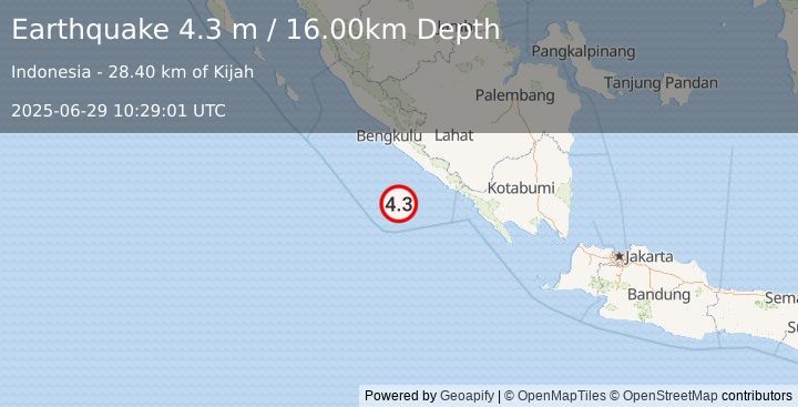 Earthquake SOUTHERN SUMATRA, INDONESIA (4.3 m) (2025-06-29 10:29:01 UTC)