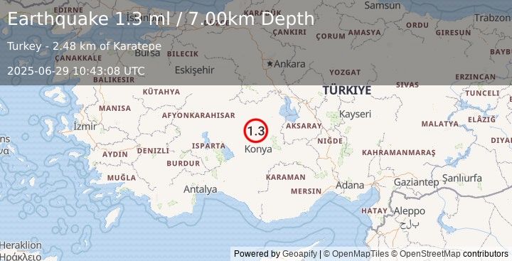 Earthquake CENTRAL TURKEY (1.3 ml) (2025-06-29 10:43:08 UTC)