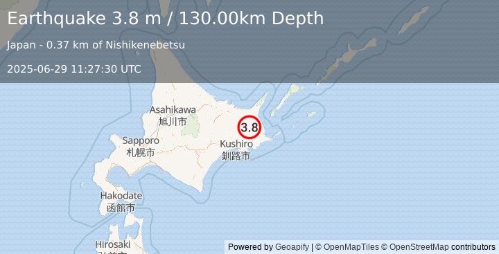 Earthquake HOKKAIDO, JAPAN REGION (3.8 m) (2025-06-29 11:27:30 UTC)