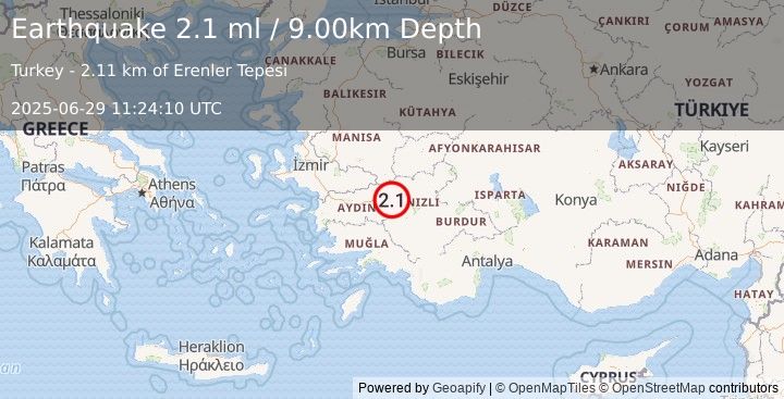 Earthquake WESTERN TURKEY (2.1 ml) (2025-06-29 11:24:10 UTC)