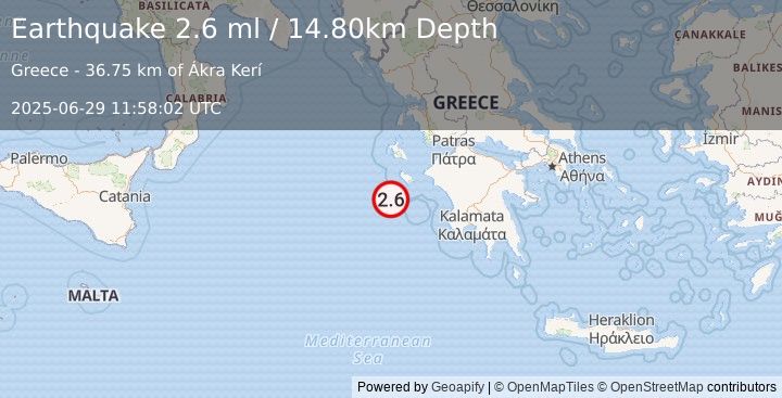 Earthquake IONIAN SEA (2.6 ml) (2025-06-29 11:58:02 UTC)
