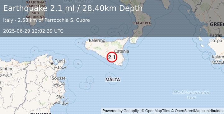 Earthquake SICILY, ITALY (2.1 ml) (2025-06-29 12:02:39 UTC)