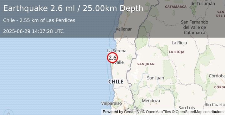 Earthquake COQUIMBO, CHILE (2.6 ml) (2025-06-29 14:07:28 UTC)