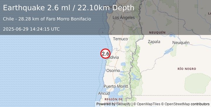 Earthquake OFFSHORE LOS LAGOS, CHILE (2.6 ml) (2025-06-29 14:24:15 UTC)