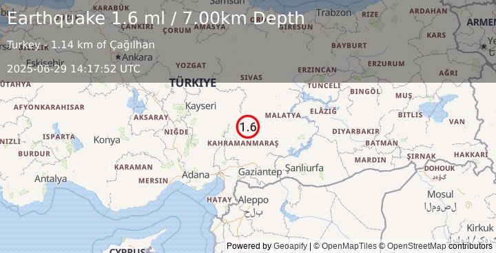 Earthquake CENTRAL TURKEY (1.6 ml) (2025-06-29 14:17:52 UTC)