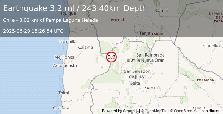 Earthquake ANTOFAGASTA, CHILE (3.2 ml) (2025-06-29 15:26:54 UTC)