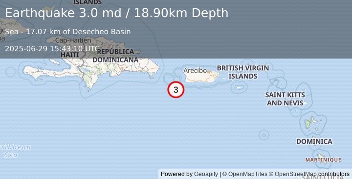 Earthquake PUERTO RICO REGION (3.0 md) (2025-06-29 15:43:10 UTC)