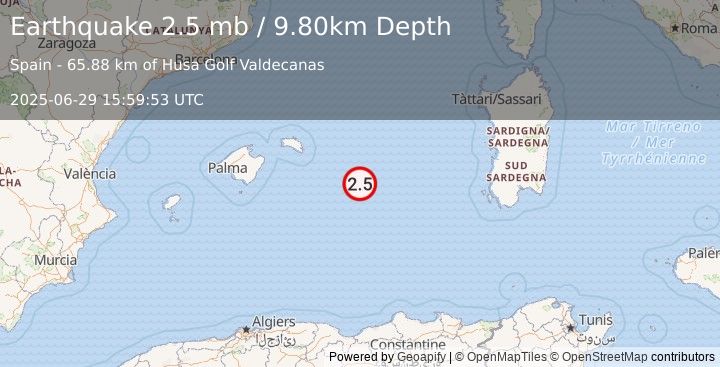 Earthquake WESTERN MEDITERRANEAN SEA (2.5 mb) (2025-06-29 15:59:53 UTC)