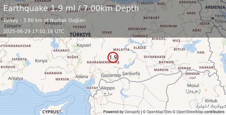 Earthquake CENTRAL TURKEY (1.9 ml) (2025-06-29 17:02:16 UTC)