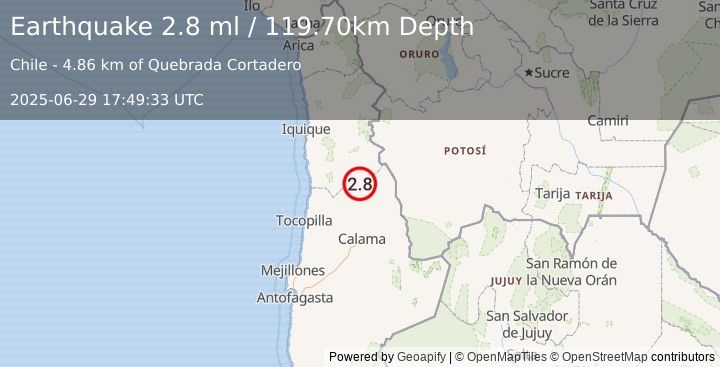 Earthquake ANTOFAGASTA, CHILE (2.8 ml) (2025-06-29 17:49:33 UTC)