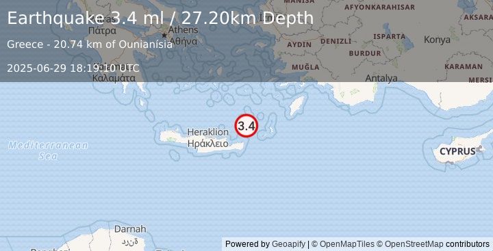 Earthquake CRETE, GREECE (3.4 ml) (2025-06-29 18:19:10 UTC)