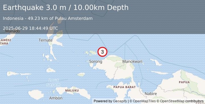 Earthquake NEAR N COAST OF PAPUA, INDONESIA (3.0 m) (2025-06-29 18:44:49 UTC)