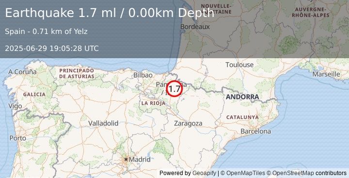 Earthquake PYRENEES (1.7 ml) (2025-06-29 19:05:28 UTC)