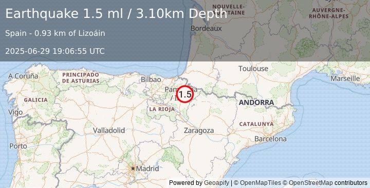 Earthquake PYRENEES (1.8 ml) (2025-06-29 19:07:51 UTC)