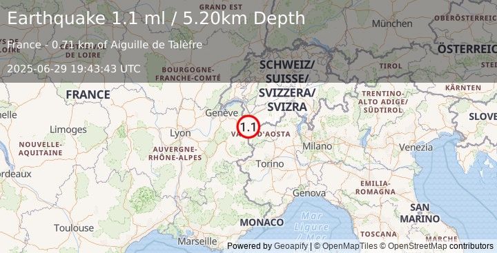 Earthquake NORTHERN ITALY (1.1 ml) (2025-06-29 19:43:43 UTC)