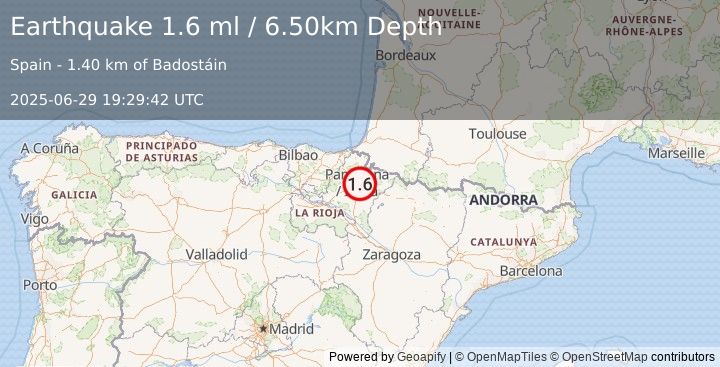 Earthquake PYRENEES (1.6 ml) (2025-06-29 19:29:42 UTC)