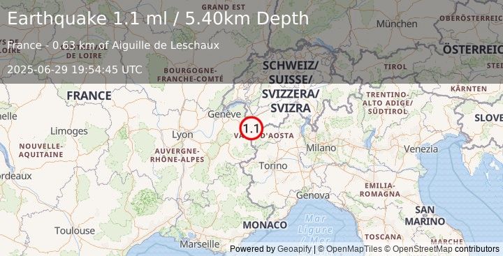 Earthquake NORTHERN ITALY (1.1 ml) (2025-06-29 19:54:45 UTC)