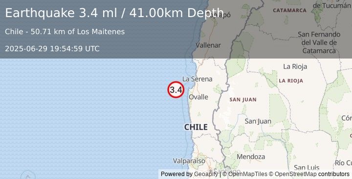 Earthquake OFFSHORE COQUIMBO, CHILE (3.4 ml) (2025-06-29 19:54:59 UTC)