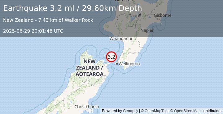 Earthquake COOK STRAIT, NEW ZEALAND (3.2 ml) (2025-06-29 20:01:46 UTC)