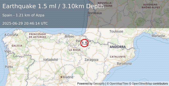 Earthquake PYRENEES (1.5 ml) (2025-06-29 20:46:14 UTC)