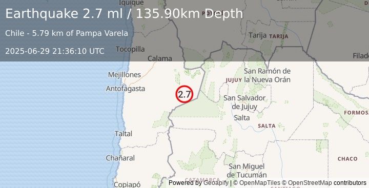 Earthquake ANTOFAGASTA, CHILE (2.7 ml) (2025-06-29 21:36:10 UTC)