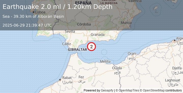 Earthquake STRAIT OF GIBRALTAR (2.0 ml) (2025-06-29 21:39:47 UTC)
