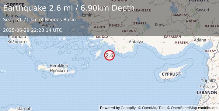 Earthquake DODECANESE IS.-TURKEY BORDER REG (2.6 ml) (2025-06-29 22:28:14 UTC)