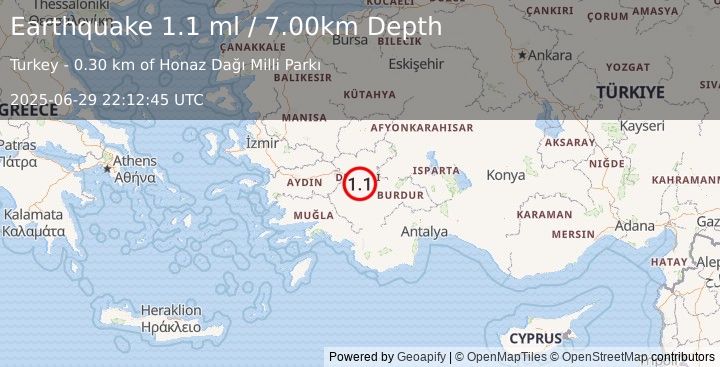 Earthquake WESTERN TURKEY (1.1 ml) (2025-06-29 22:12:45 UTC)