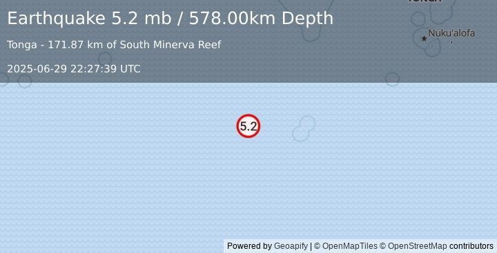 Earthquake SOUTH OF FIJI ISLANDS (5.2 mb) (2025-06-29 22:27:39 UTC)