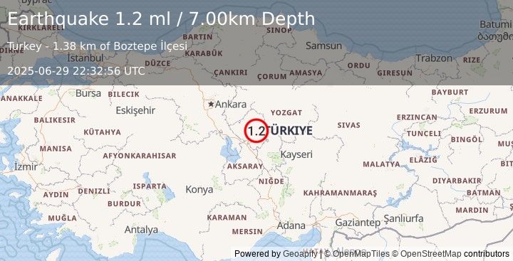 Earthquake CENTRAL TURKEY (1.2 ml) (2025-06-29 22:32:56 UTC)