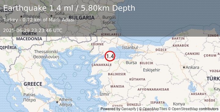 Earthquake WESTERN TURKEY (1.4 ml) (2025-06-29 23:23:46 UTC)