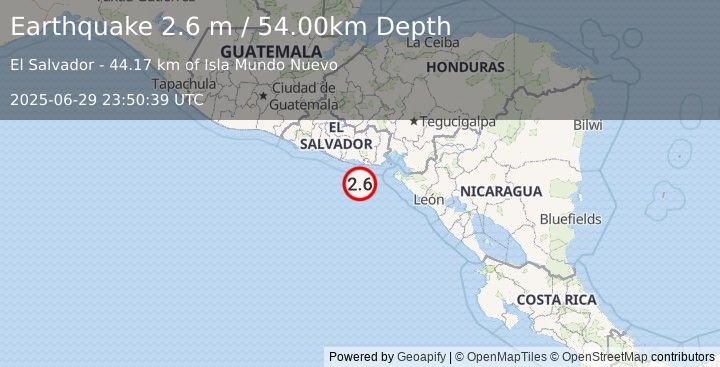 Earthquake OFFSHORE EL SALVADOR (2.6 m) (2025-06-29 23:50:39 UTC)