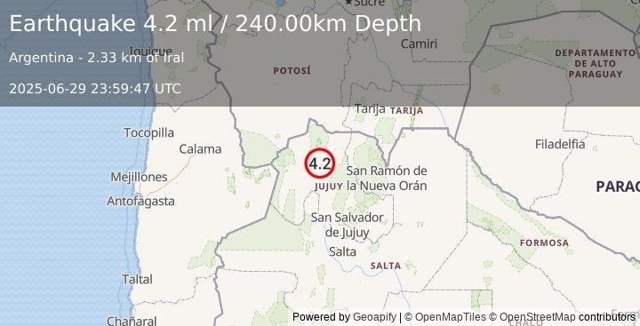 Earthquake JUJUY, ARGENTINA (4.0 mw) (2025-06-29 23:59:51 UTC)