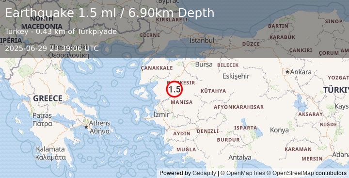 Earthquake WESTERN TURKEY (1.5 ml) (2025-06-29 23:39:06 UTC)