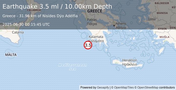 Earthquake SOUTHERN GREECE (3.5 ml) (2025-06-30 00:15:45 UTC)