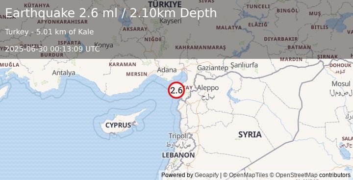 Earthquake CENTRAL TURKEY (2.6 ml) (2025-06-30 00:13:09 UTC)