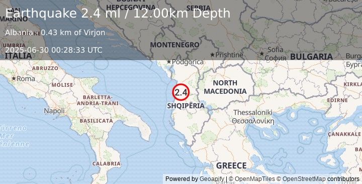 Earthquake ALBANIA (2.1 ml) (2025-06-30 00:28:36 UTC)